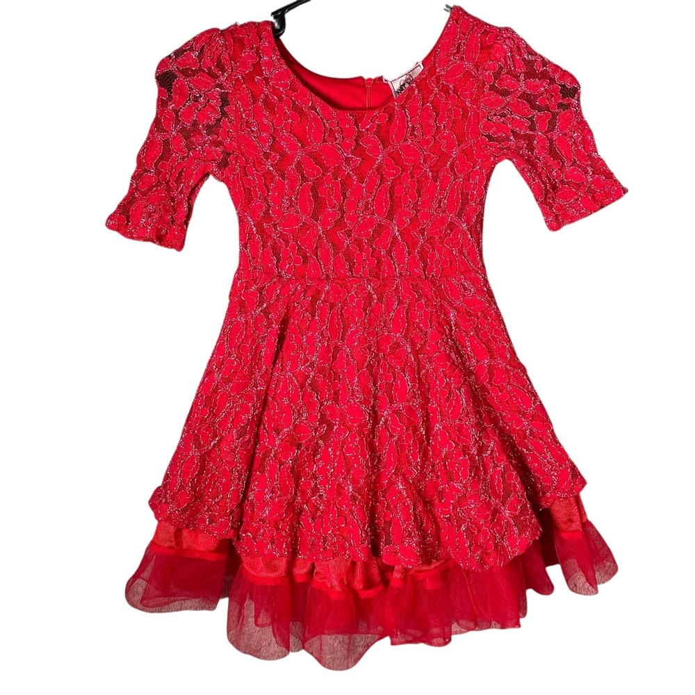 Knit Works Girls Red Lace Party Dress Size 5 Short Sleeve Tiered Tulle‎ Skirt